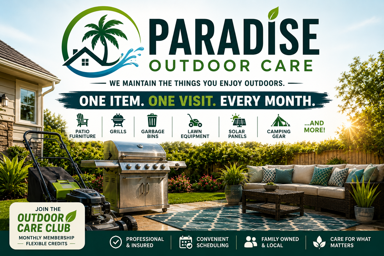 Paradise Outdoor Care pressure washing outdoor furniture, equipment, bins, grills, and outdoor items